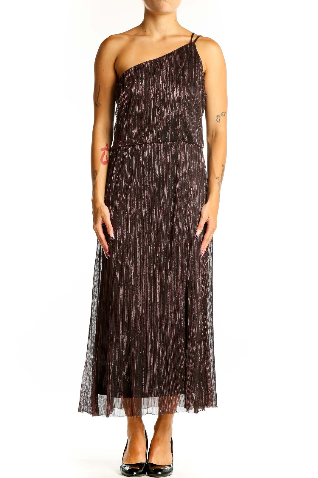 Brown Shimmering One-Shoulder Midi Dress Front