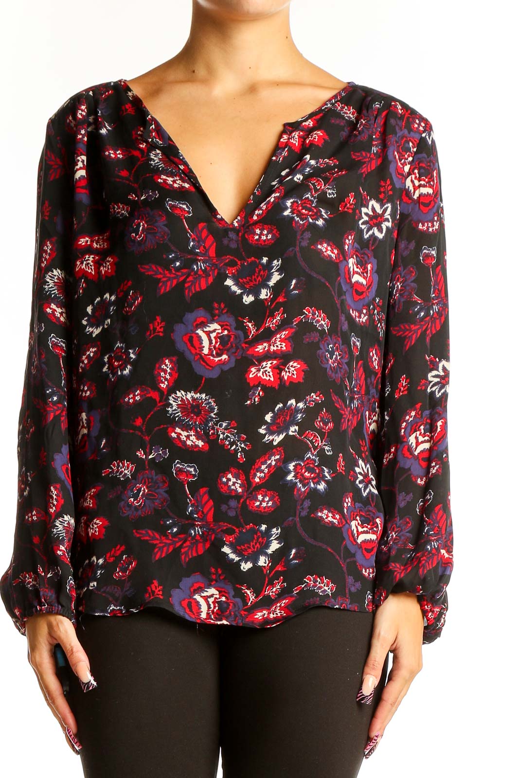 Black Floral Print Silk Blouse Front