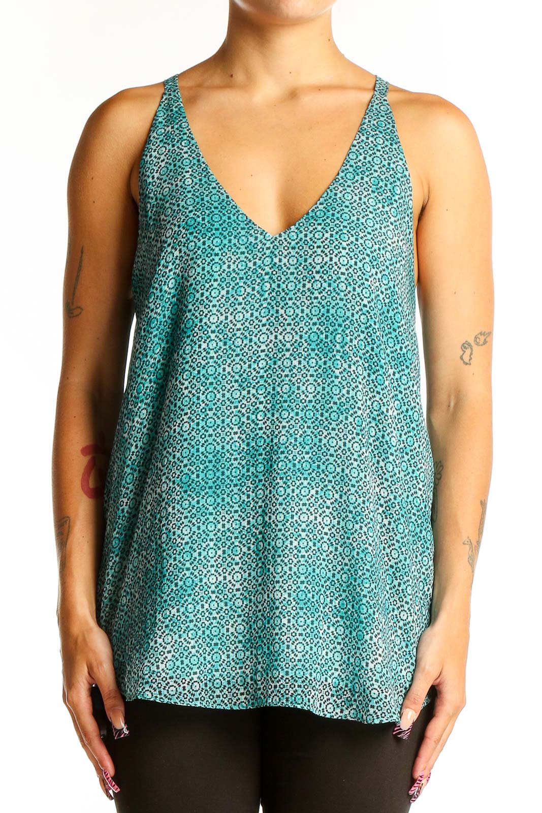 Teal Geometric Print V-Neck Tank Top Front