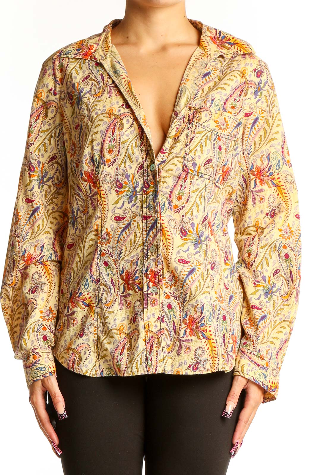 Yellow Floral Cotton Button-Up Blouse Front