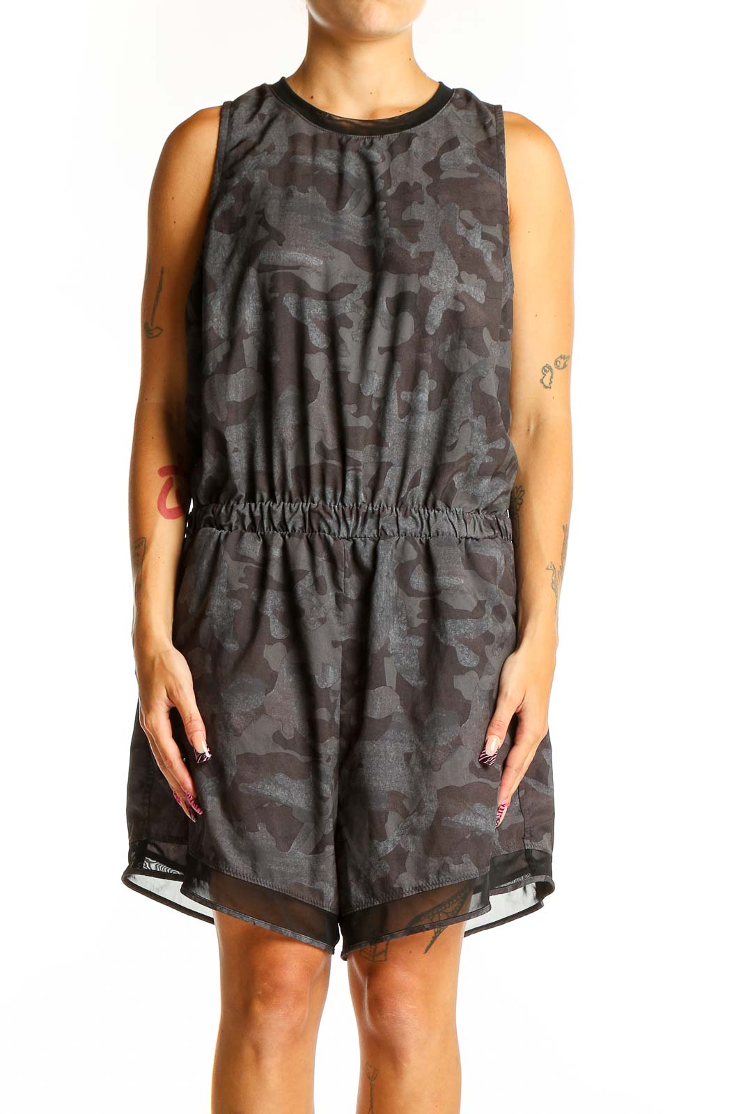 Gray Camo Print Sleeveless Romper Front