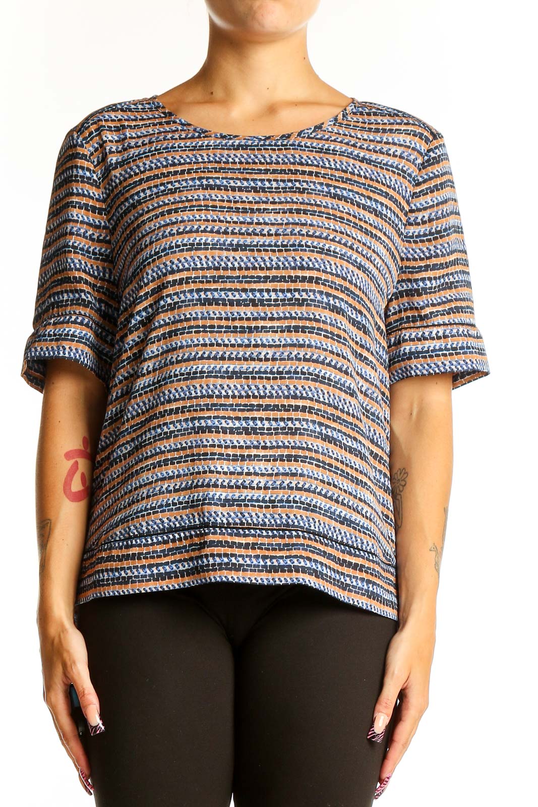 Blue Striped Cotton Blend Short Sleeve Top Front