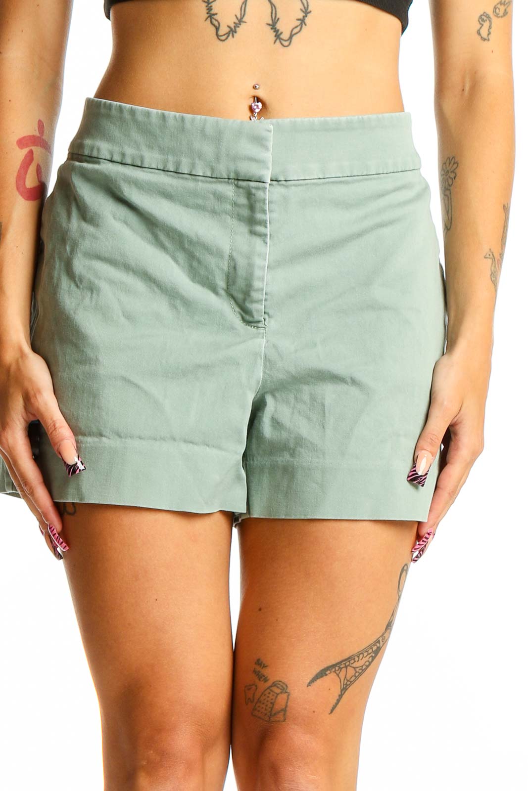 Sage Green Cotton Blend Casual Shorts Front