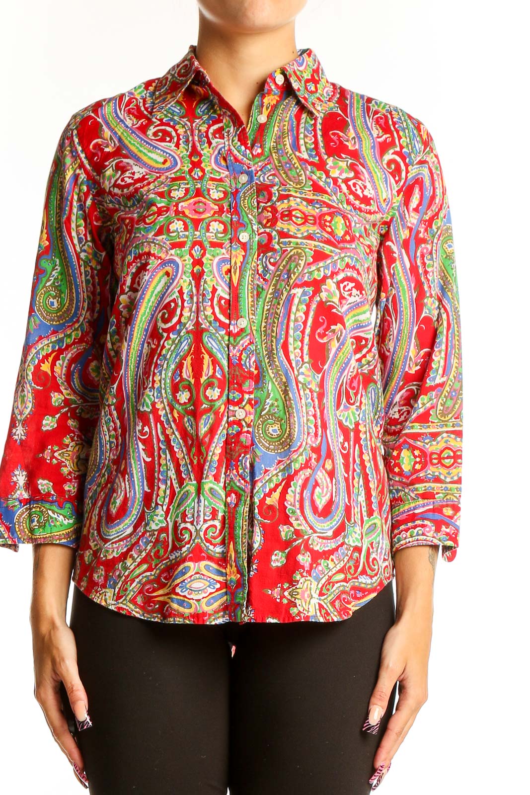 Red Paisley Cotton Button-Up Shirt Front