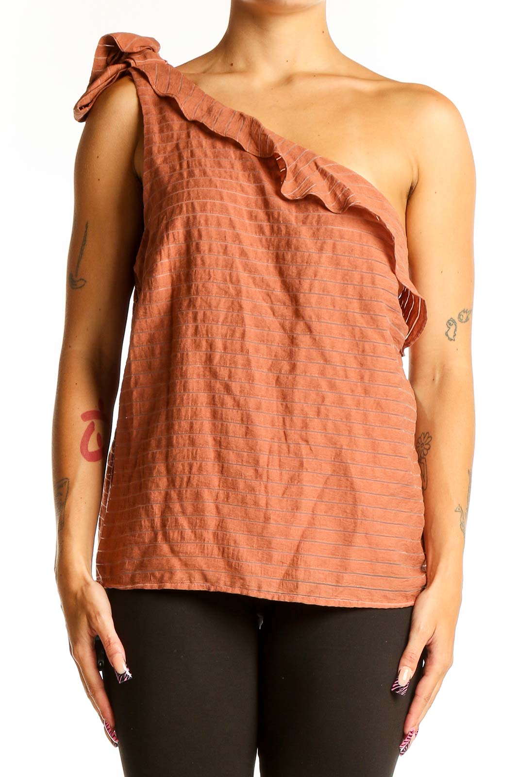 Terracotta One-Shoulder Ruffled Top Front