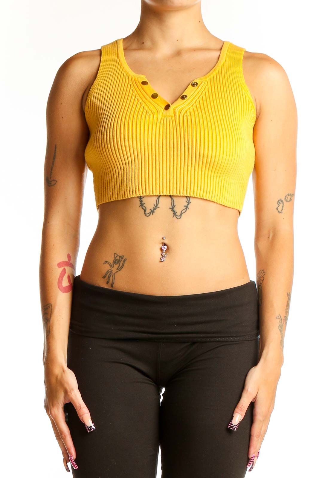 Yellow Ribbed Crop Top with Button Detail Front