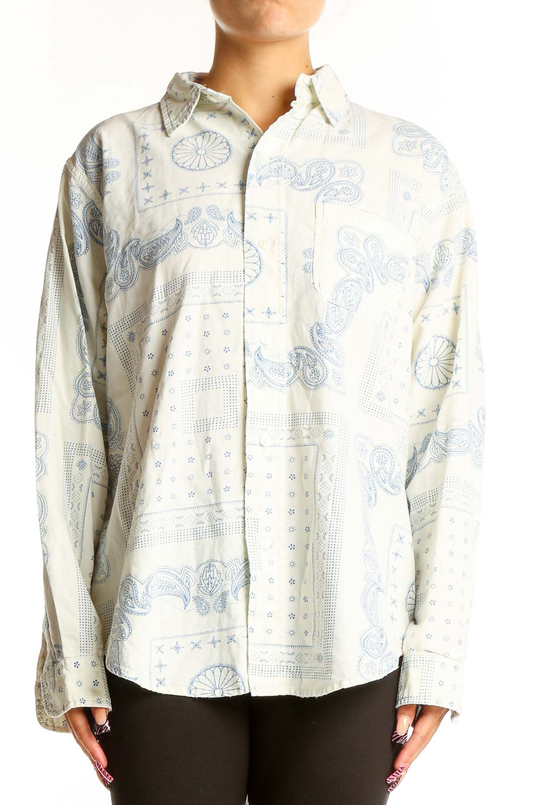 White and Blue Paisley Cotton Button-Up Shirt Front