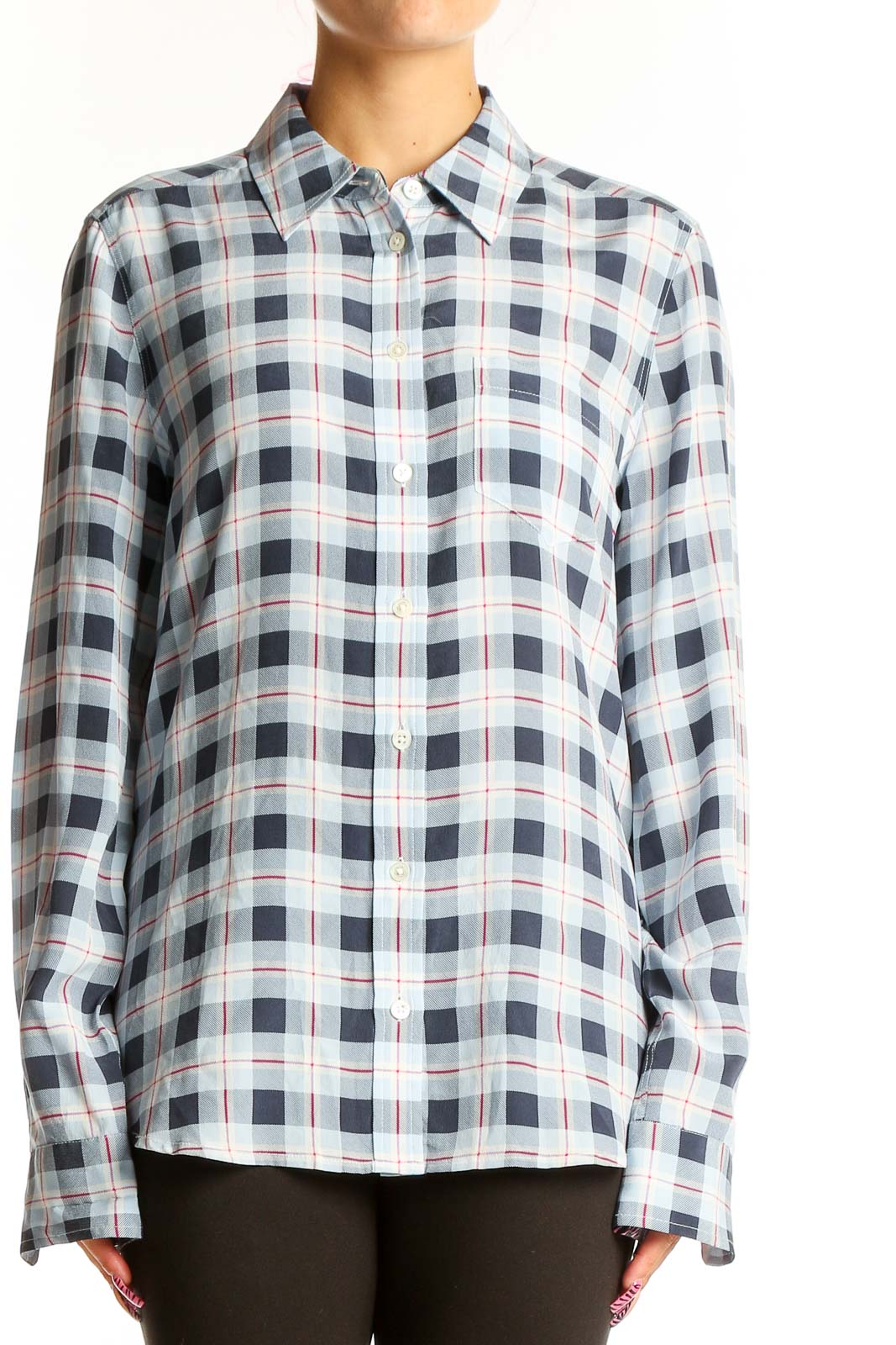 Blue and White Plaid Silk Button-Up Shirt Front