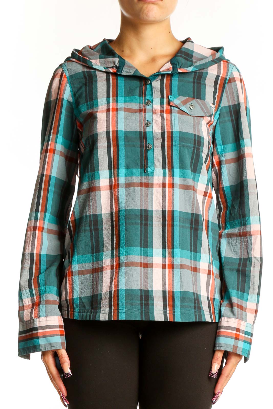 Teal Plaid Hooded Button-Up Shirt Front