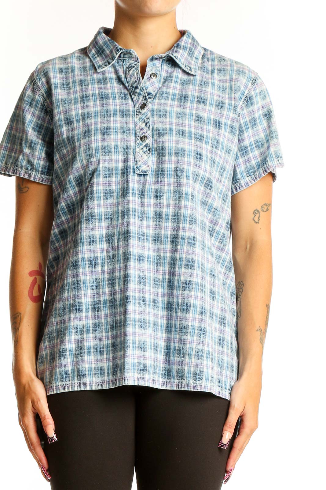 Blue Plaid Cotton Polo Shirt Front