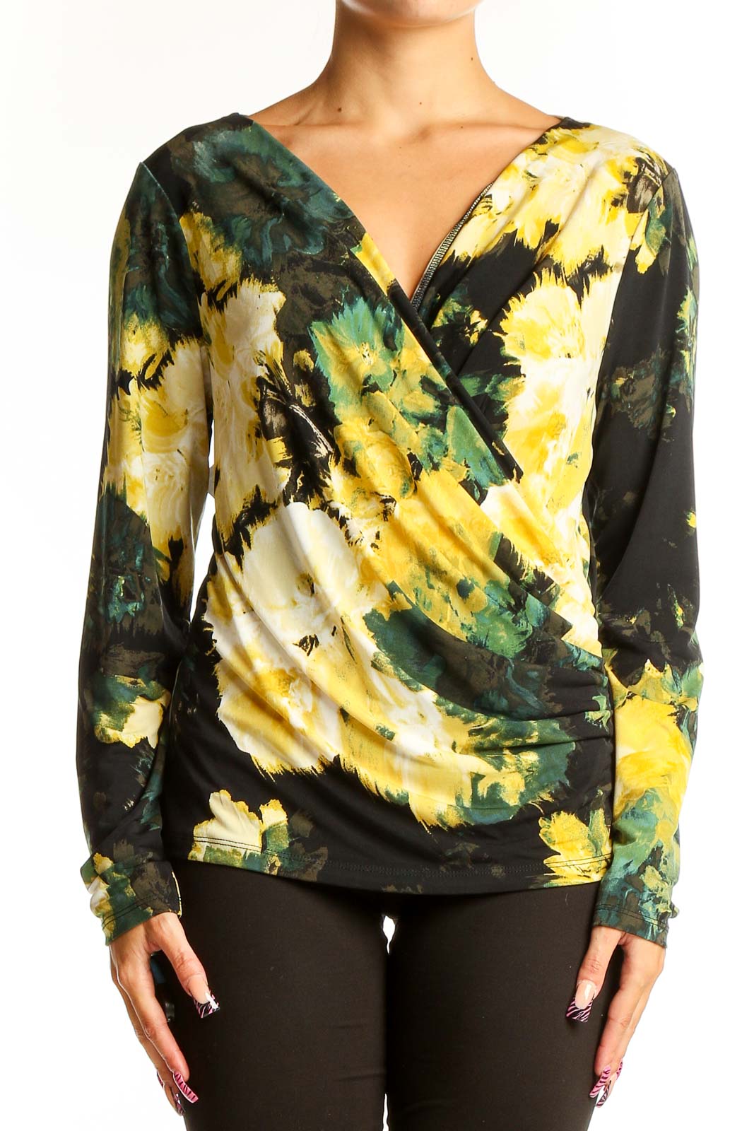 Yellow and Green Floral Wrap Top Front