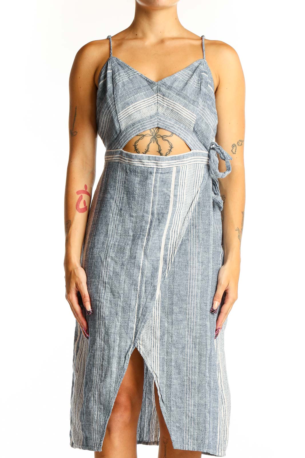 Blue Striped Cotton-Linen Cutout Midi Dress Front