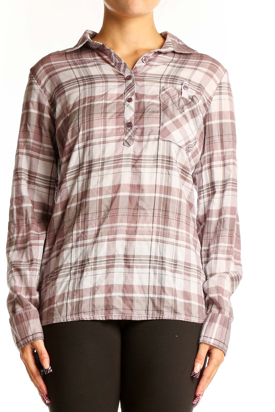 Pink Plaid Tencel Button-Up Shirt Front
