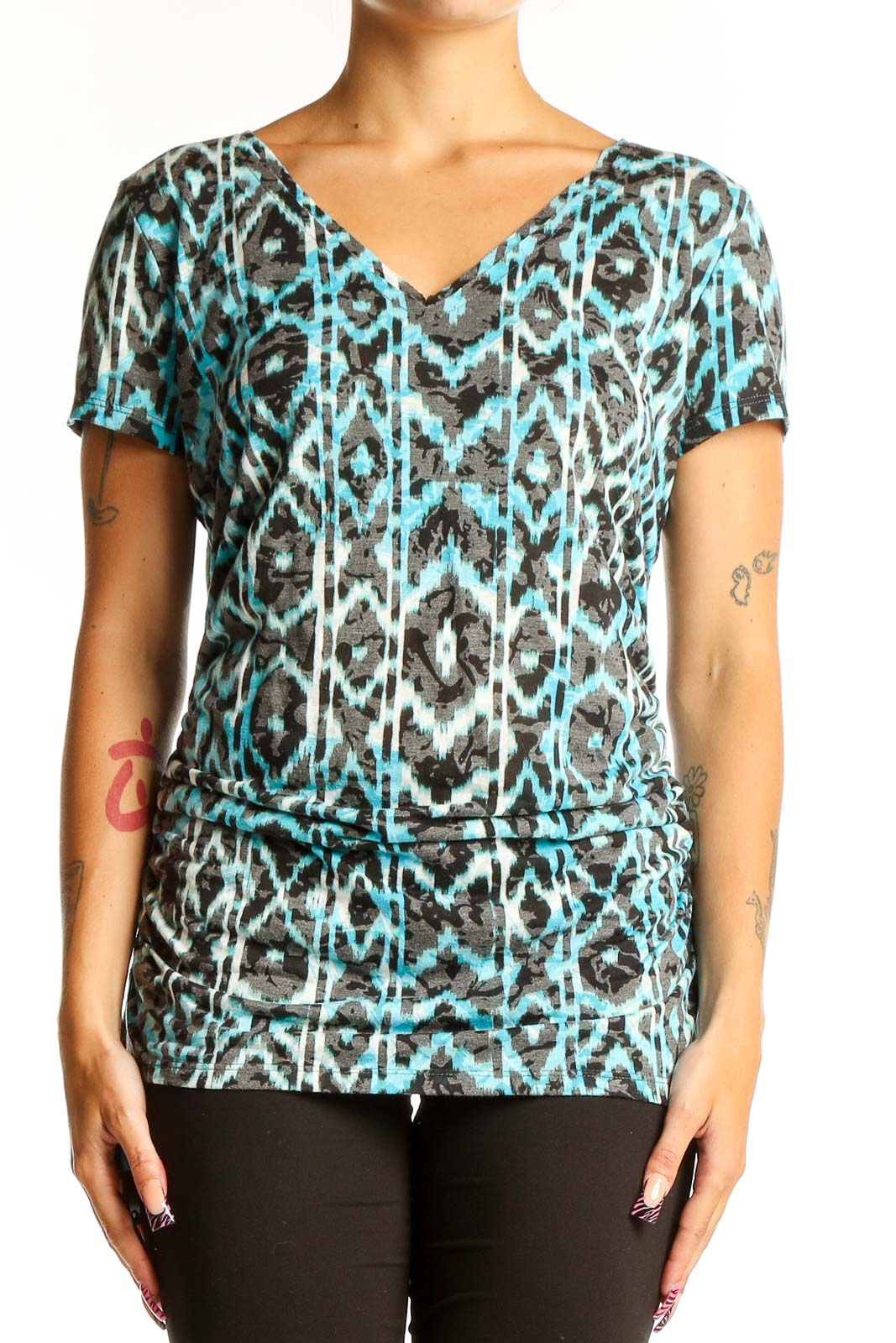 Turquoise Ikat Print V-Neck Top Front