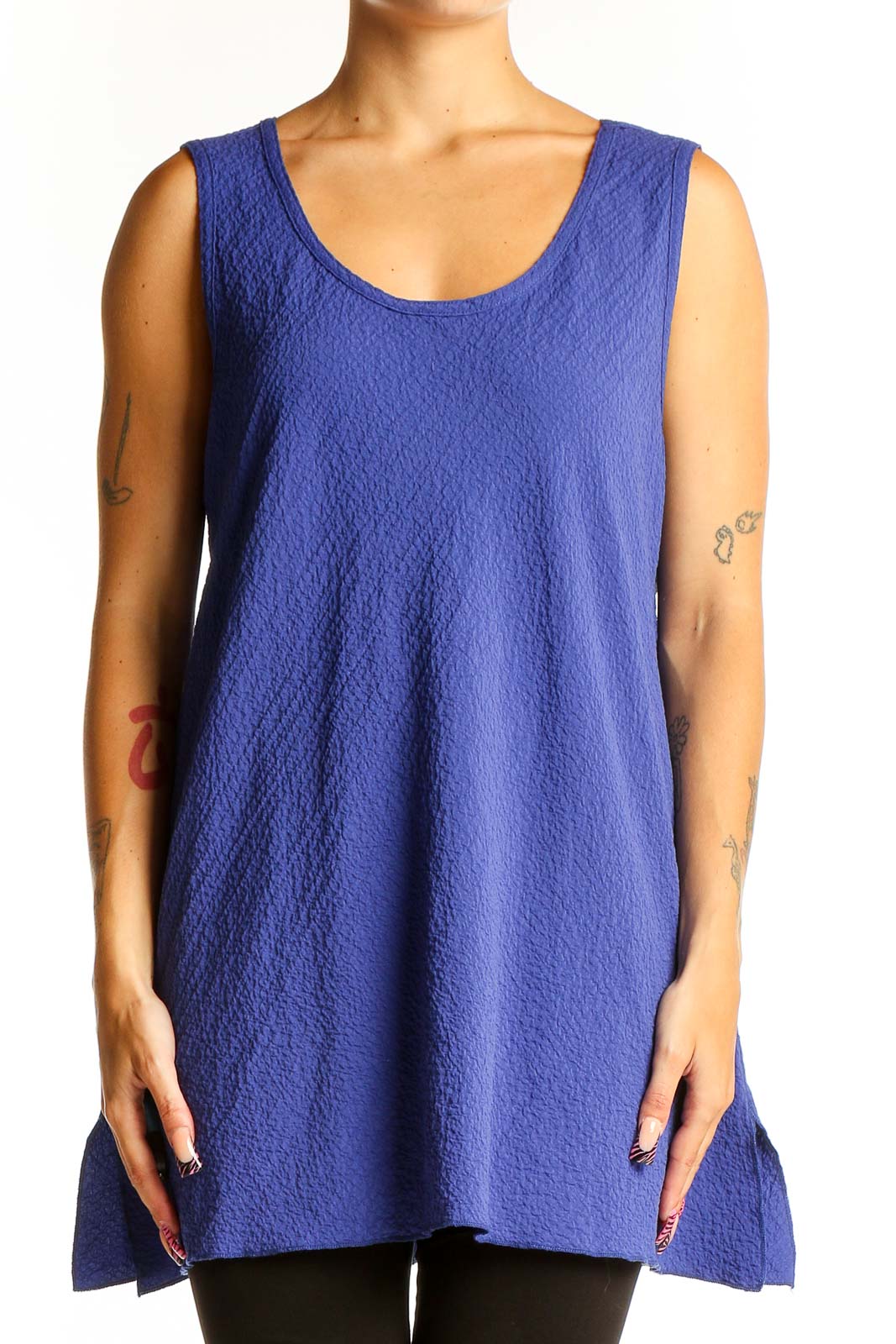 Blue Textured Sleeveless Tunic Top Front