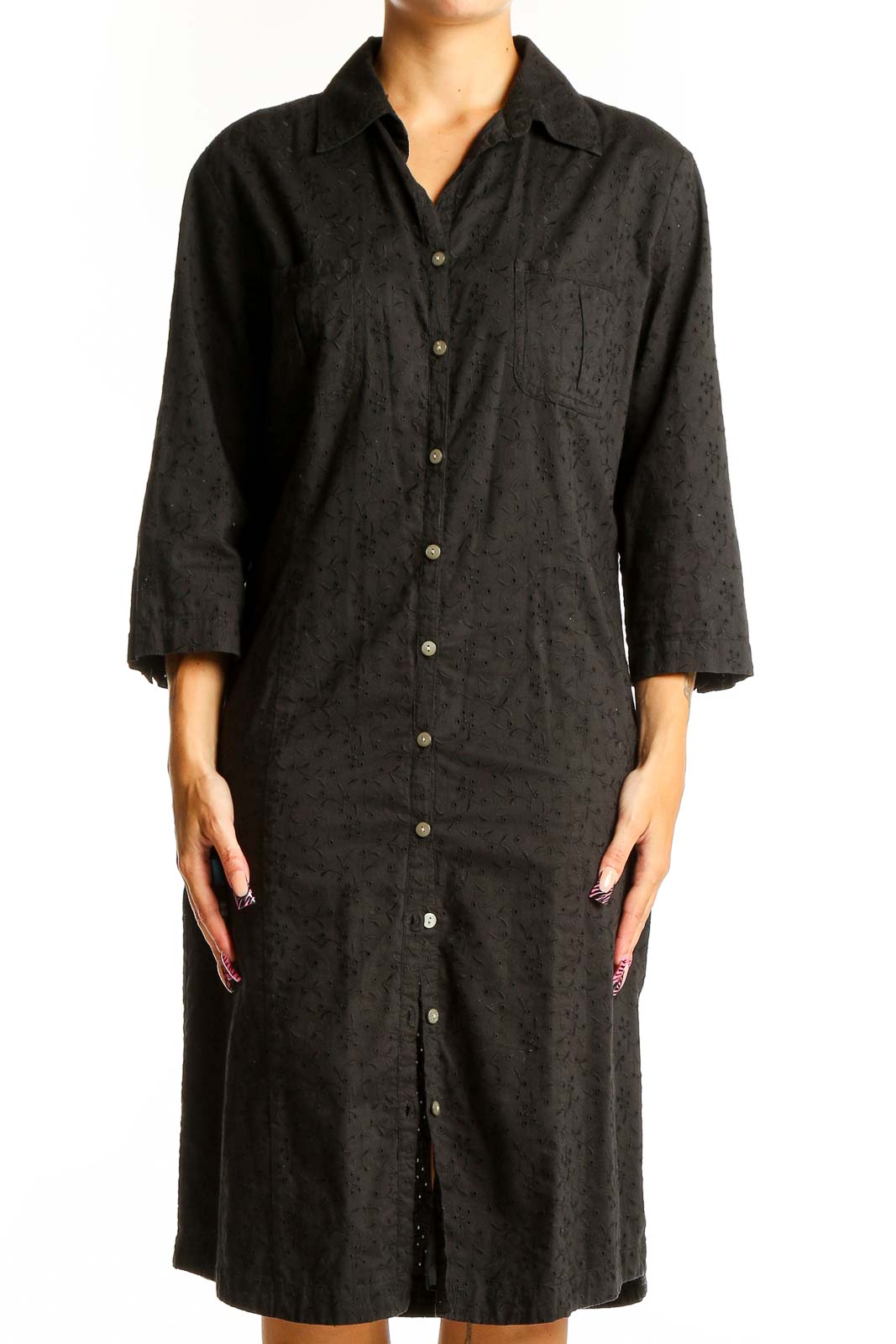 Black Cotton Button-Down Shirt Dress Front