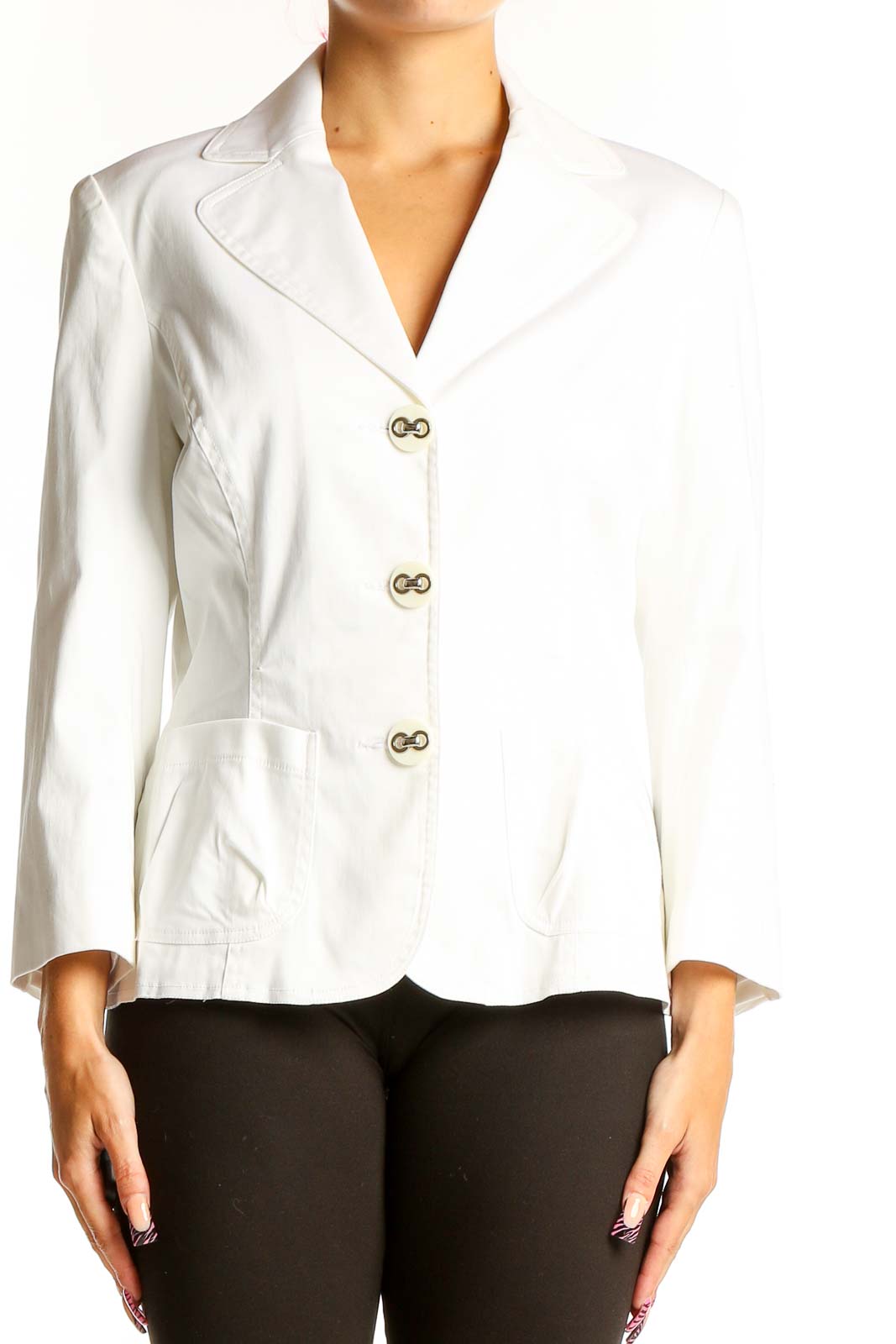 White Cotton Blend Tailored Blazer Front