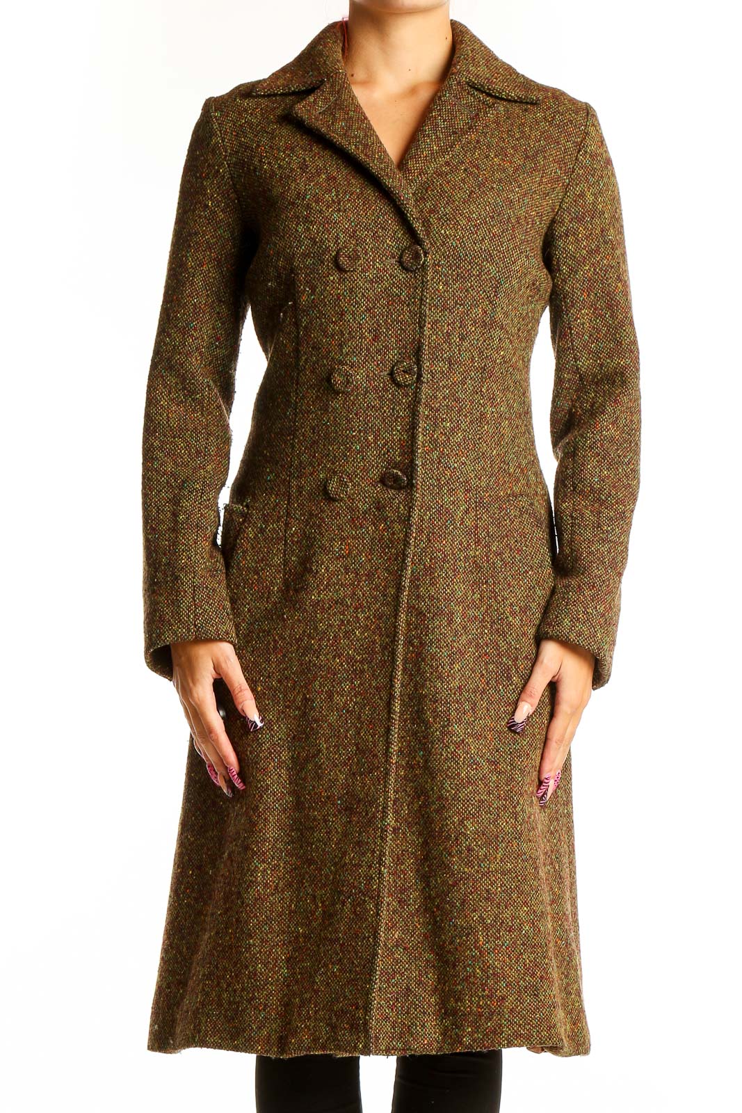 Brown Tweed Double-Breasted Long Coat Front
