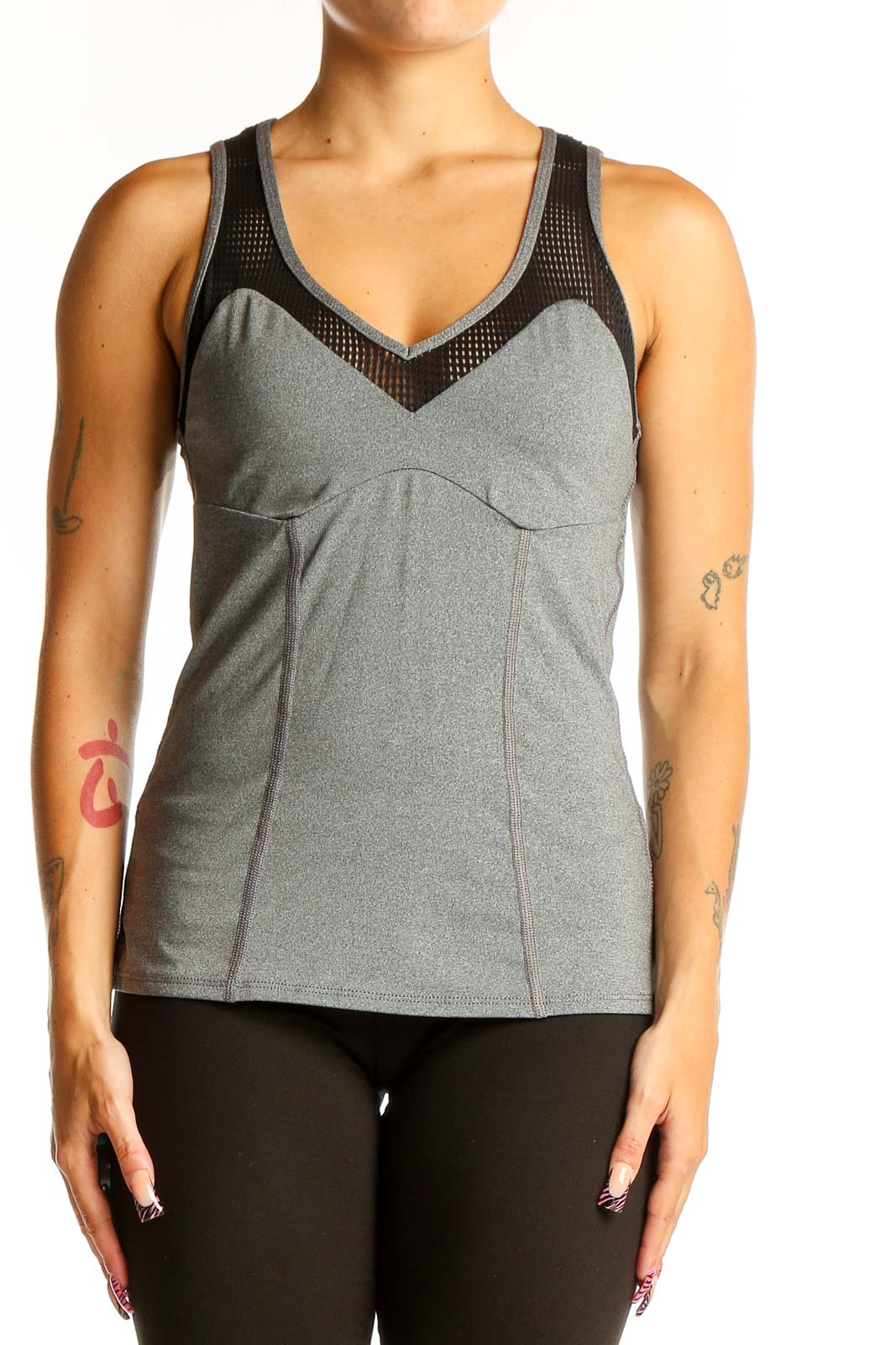 Gray Mesh-Paneled Racerback Tank Top Front