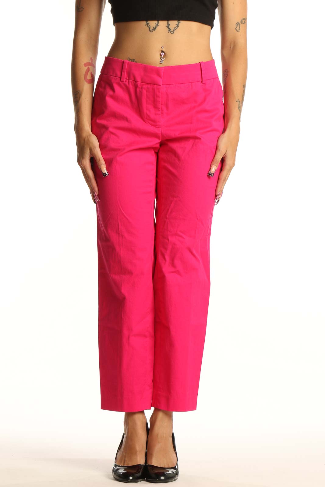 Hot Pink Cotton Blend Ankle Pants Front