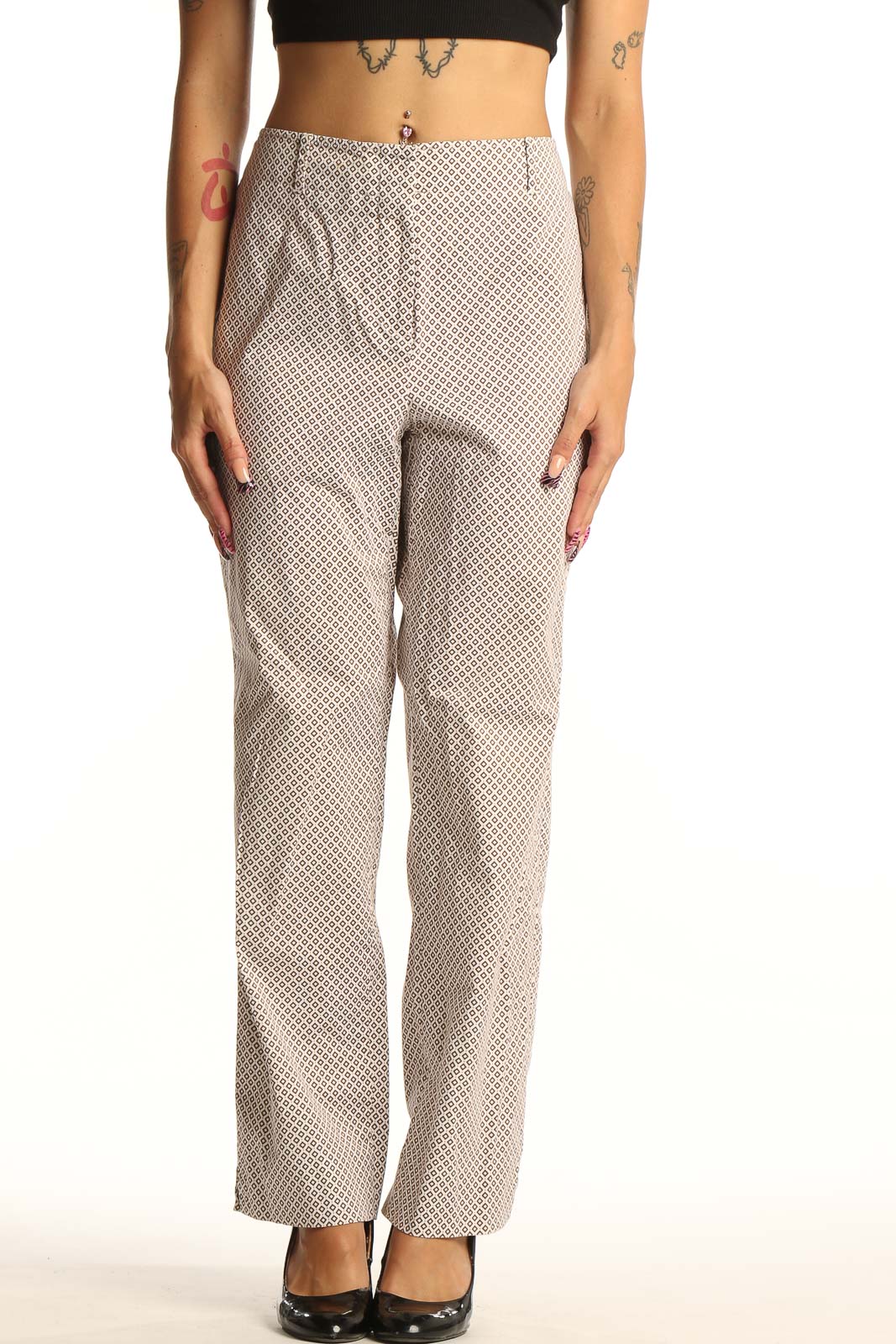 Beige Diamond Pattern Cotton Blend Trousers Front