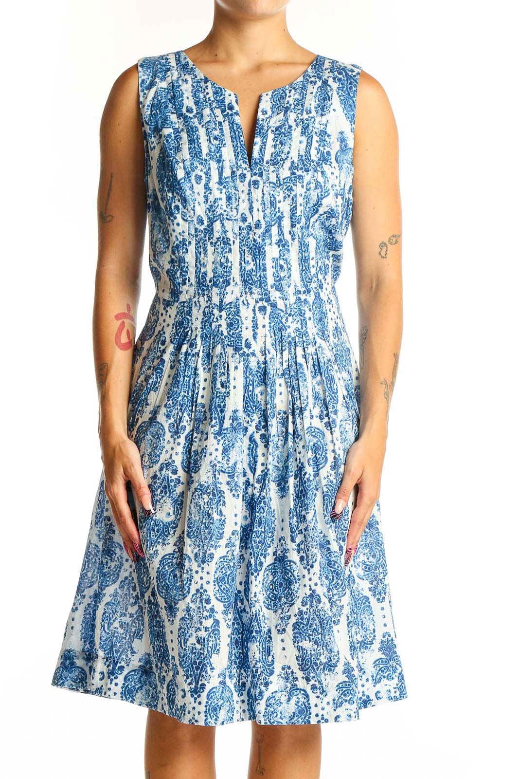 Blue and White Floral Sleeveless Dress Front