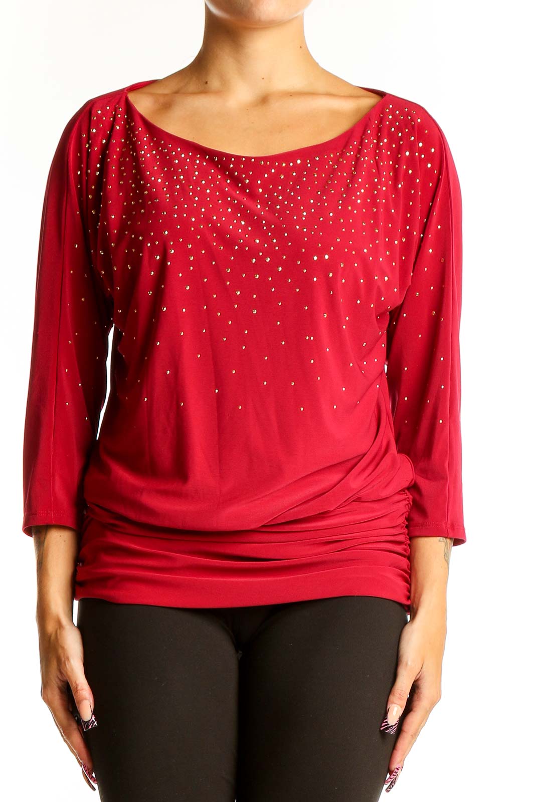Red Sparkly Dolman Sleeve Top Front
