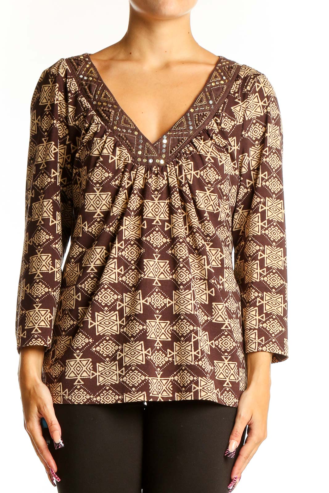 Brown Geometric Print V-Neck Blouse Front