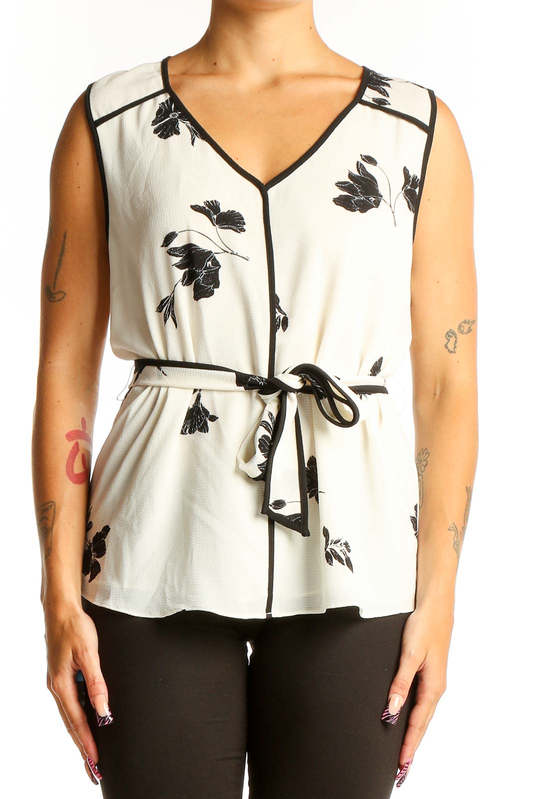 White Floral Print Sleeveless Blouse Front