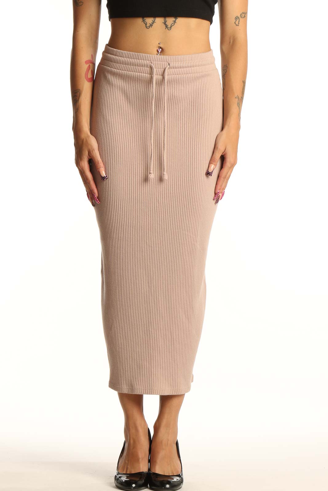Beige Ribbed Midi Skirt Front