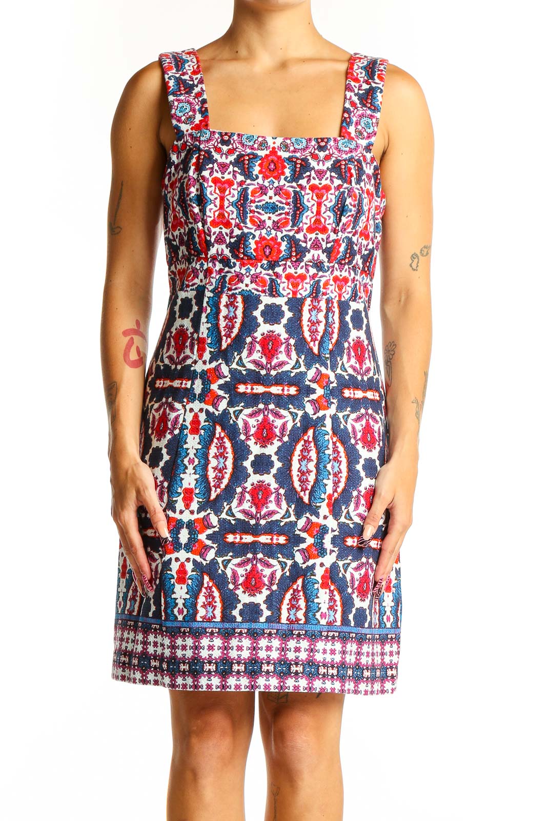 Red and Blue Floral Print Sleeveless Dress Front