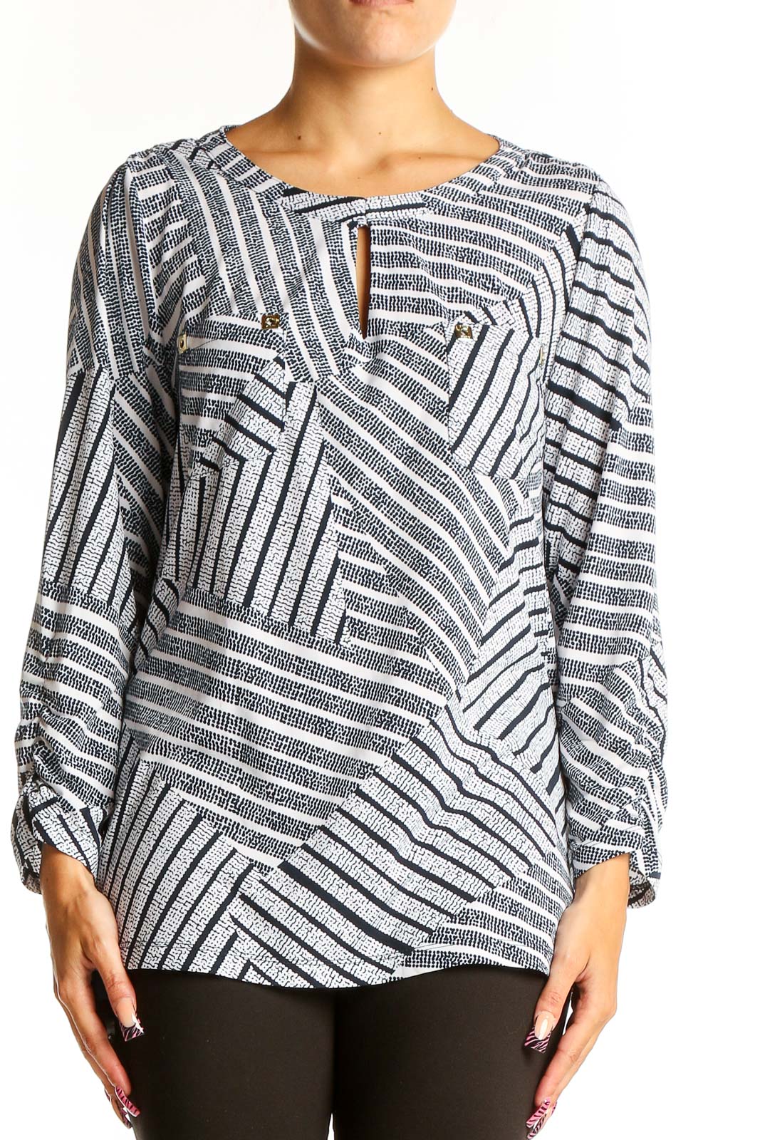 Gray Striped Geometric Print Tunic Top Front