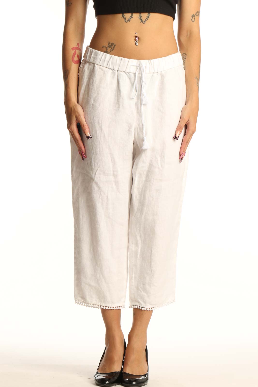 White Linen Cropped Wide-Leg Pants Front
