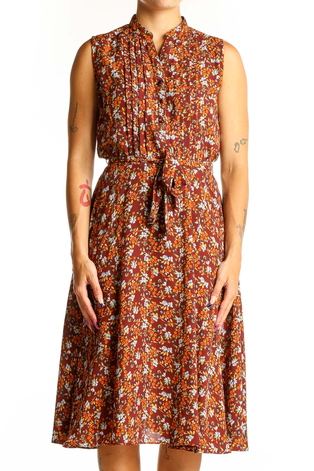 Rust Floral Print Sleeveless Midi Dress Front