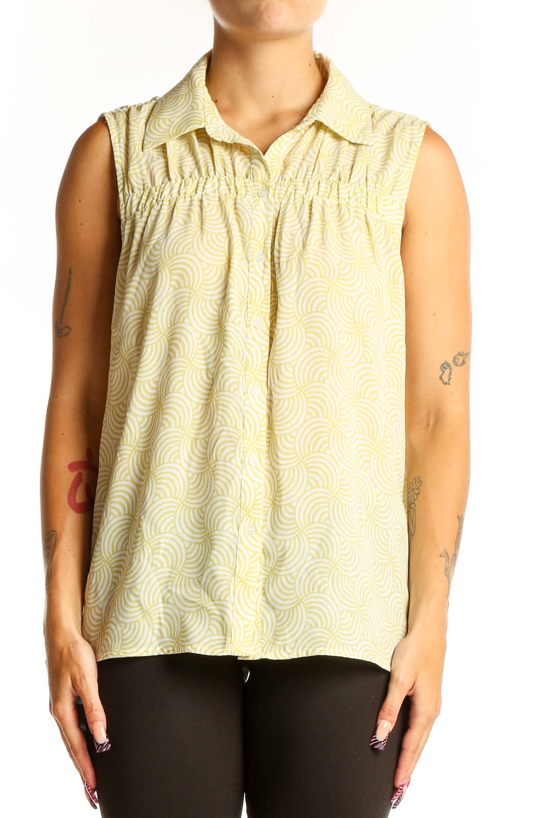 Yellow Sleeveless Patterned Blouse Front