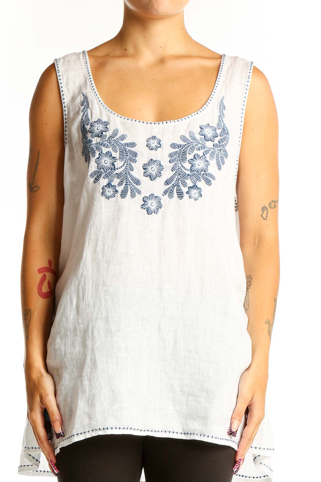 White Linen Embroidered Sleeveless Top Front