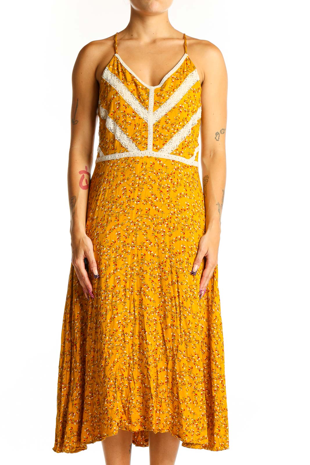 Yellow Floral Lace-Trimmed Midi Dress Front