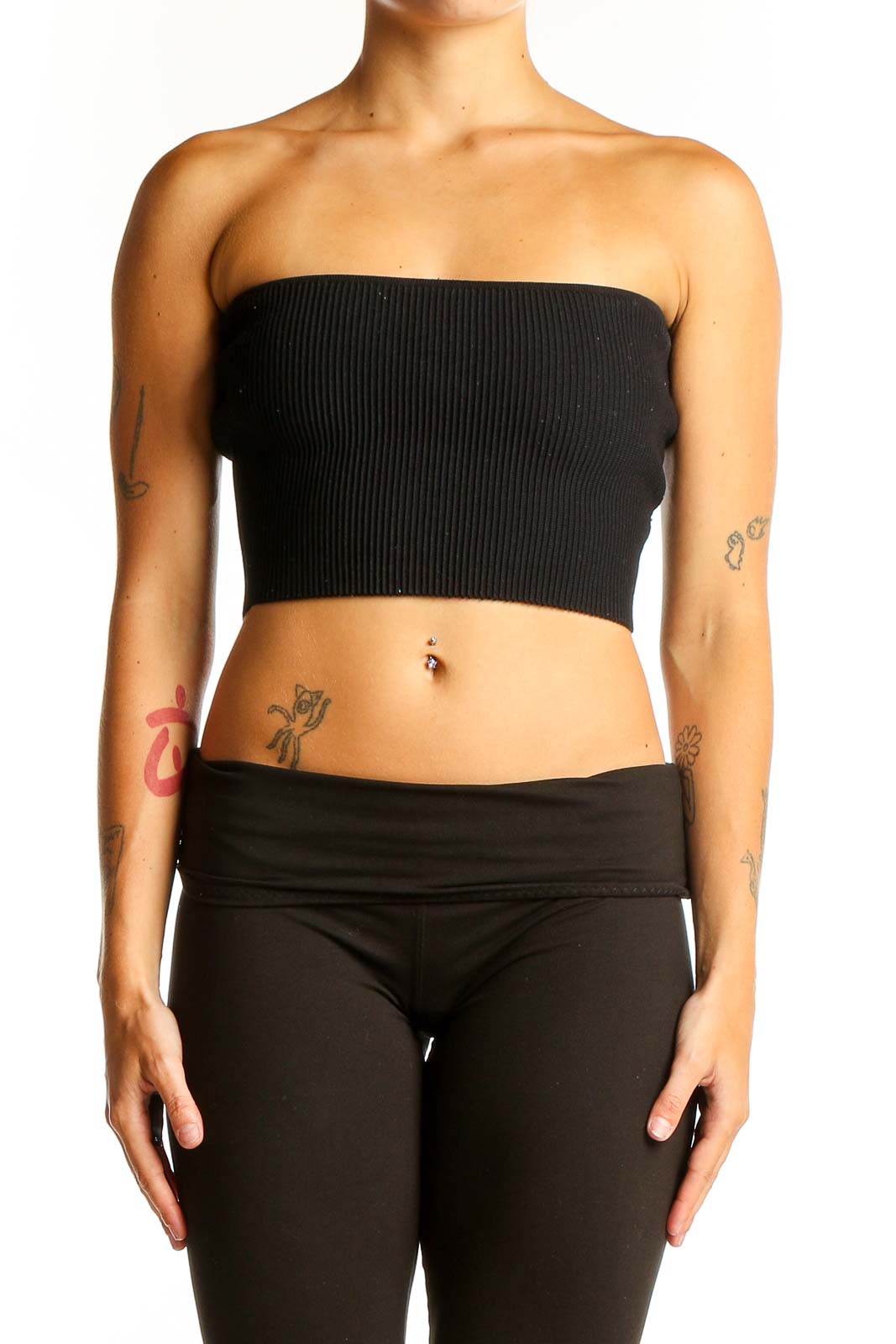 Black Ribbed Strapless Crop Top Front