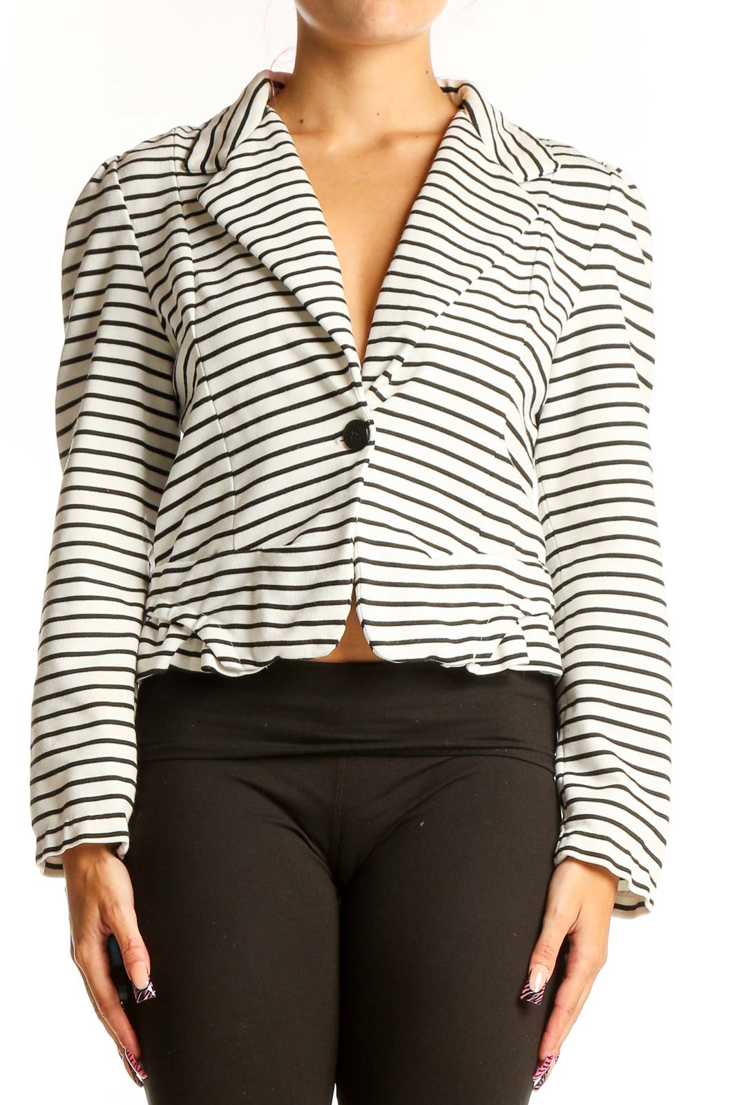 White Striped Cropped Blazer Front