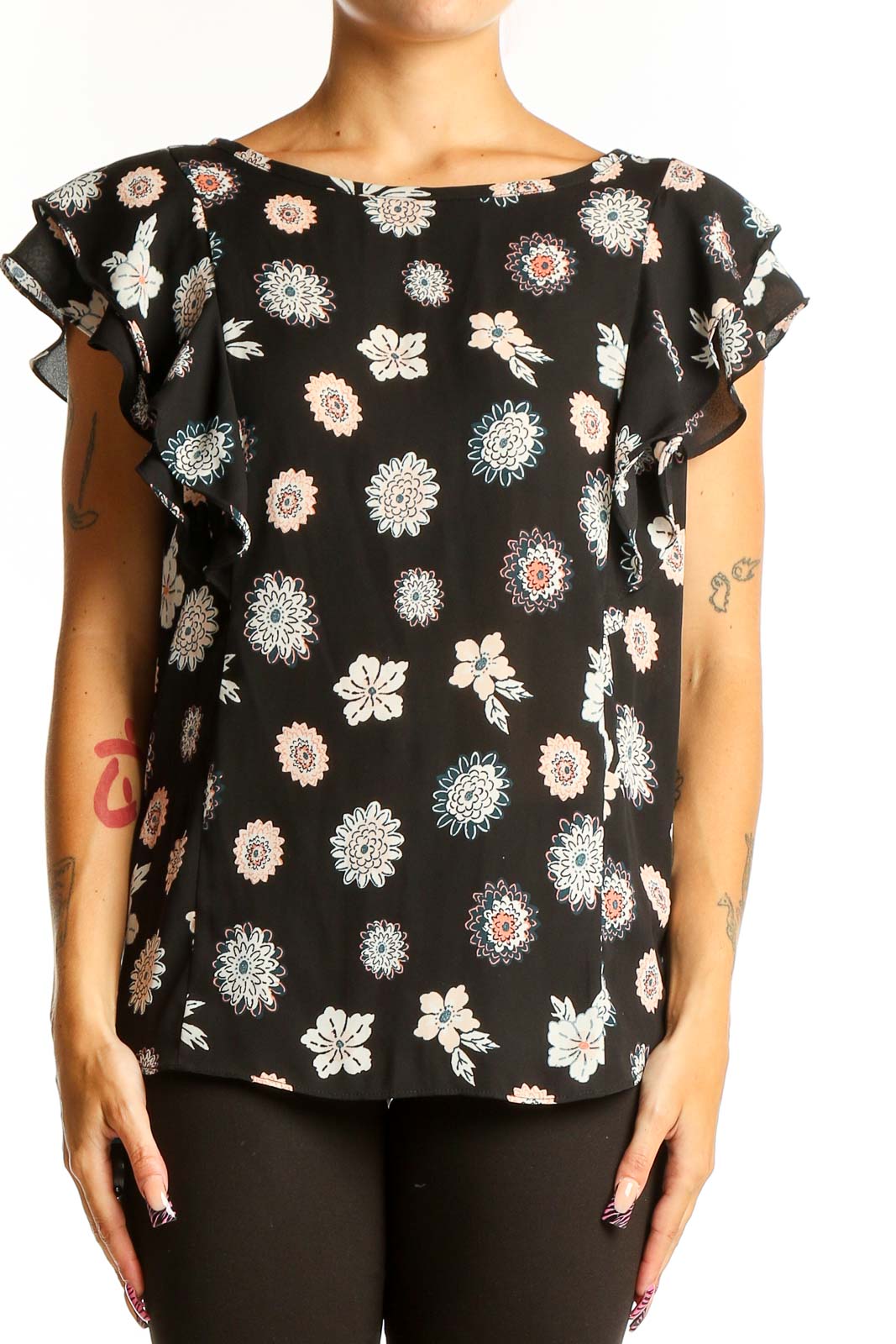 Black Floral Print Ruffle Sleeve Top Front