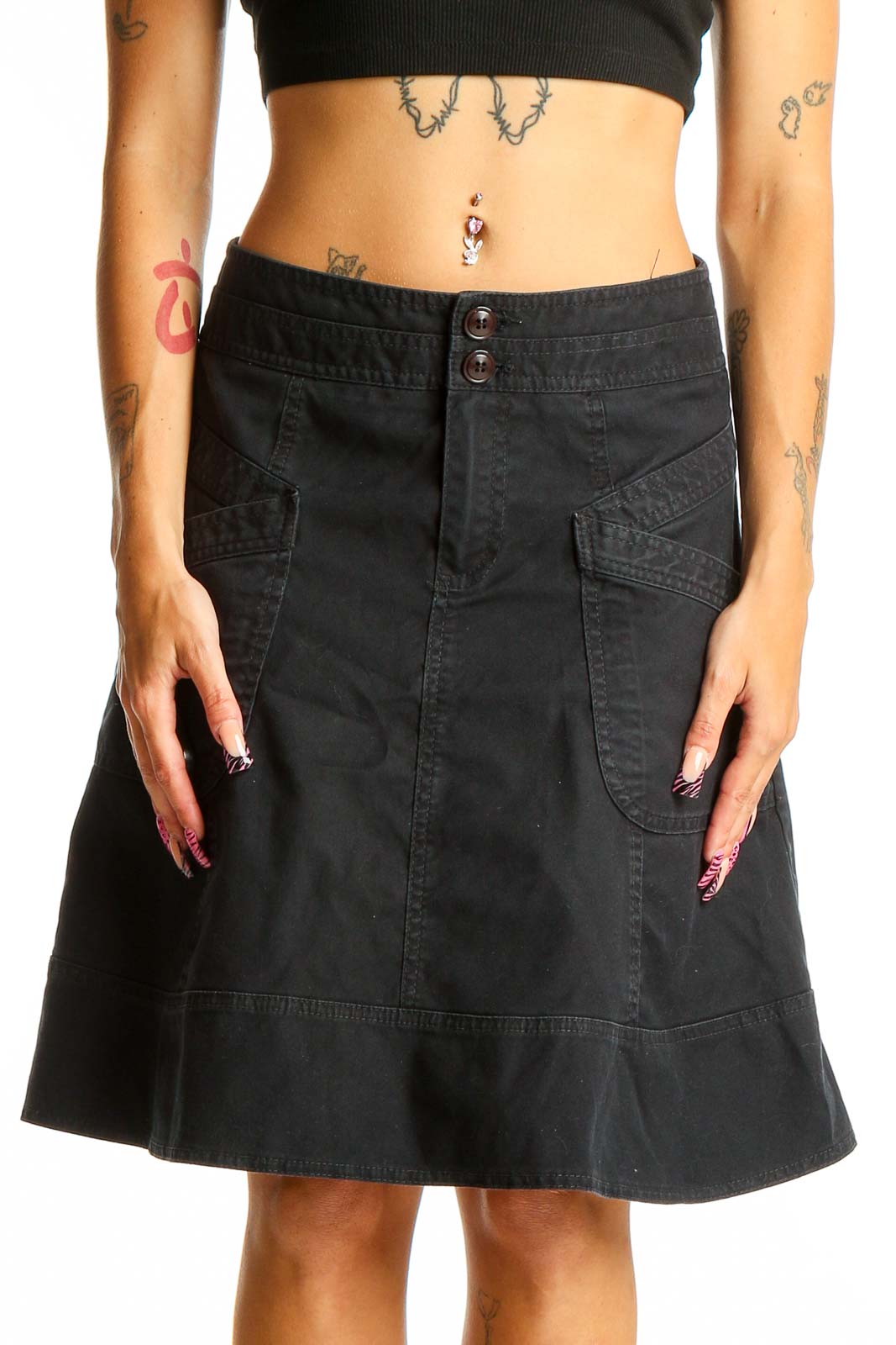 Black Cotton A-Line Denim Skirt Front