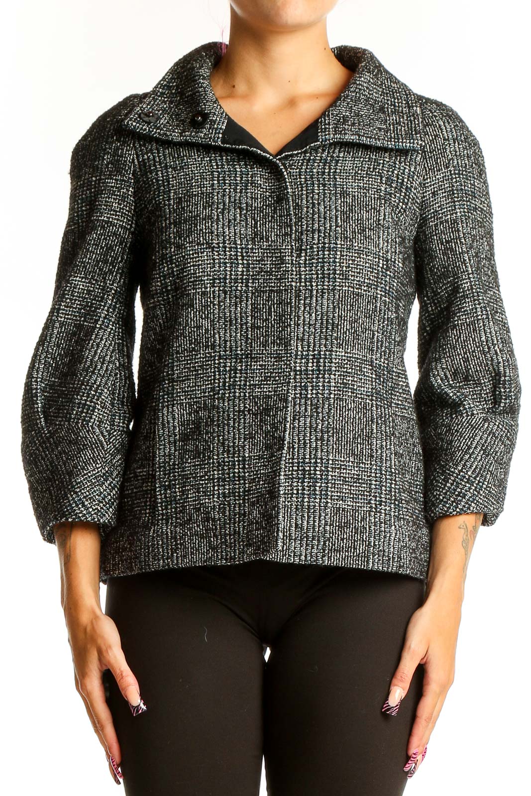 Gray Textured Wool Blend Cropped Jacket Front