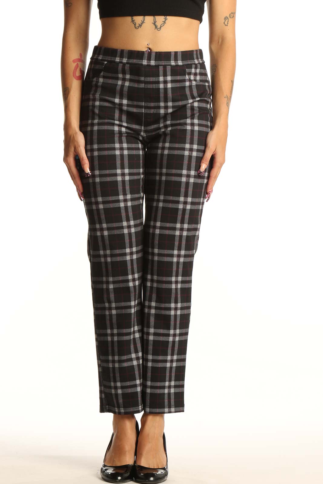 Black Plaid Straight-Leg Trousers Front