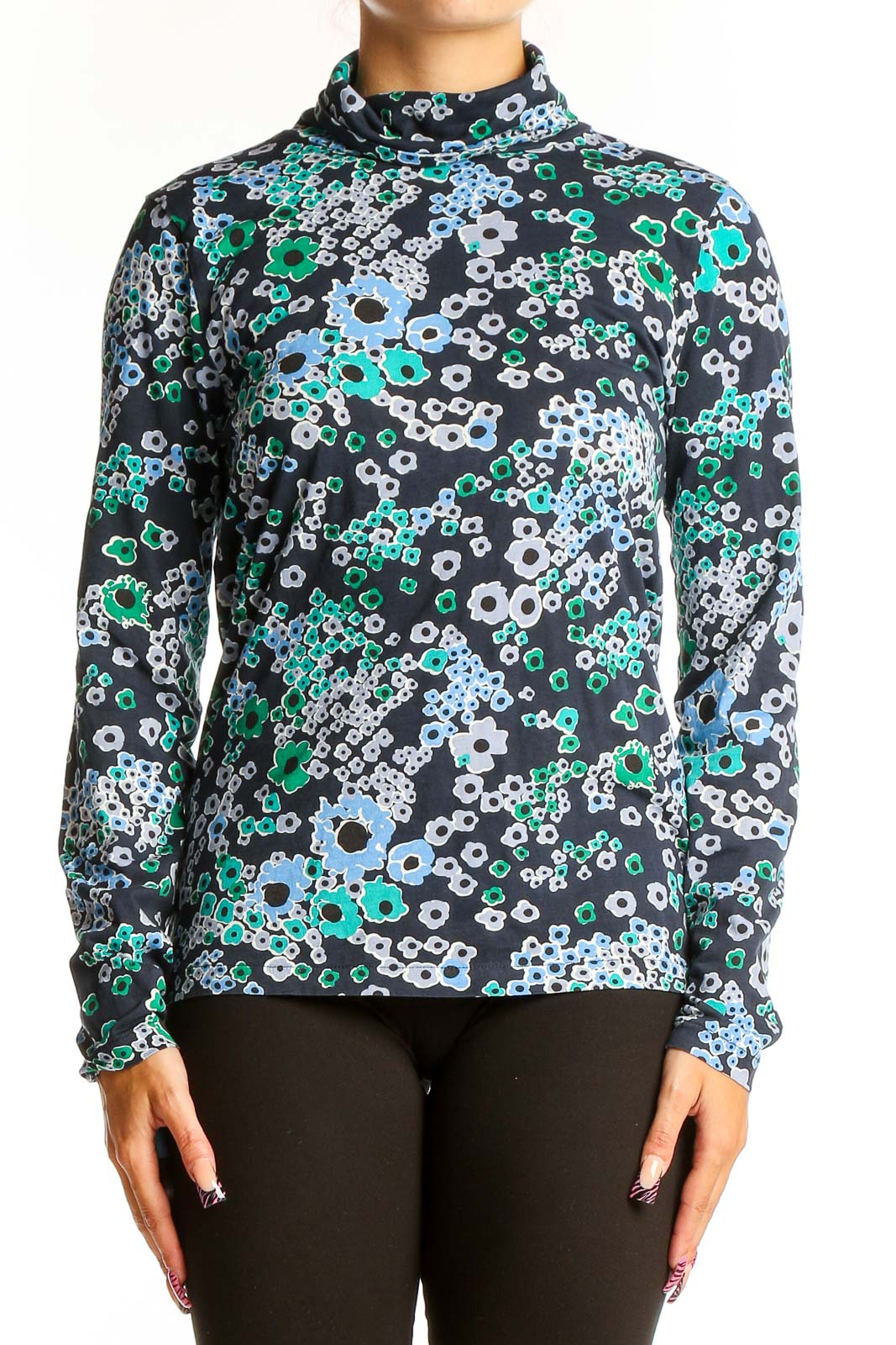 Blue and Green Floral Print Turtleneck Top Front