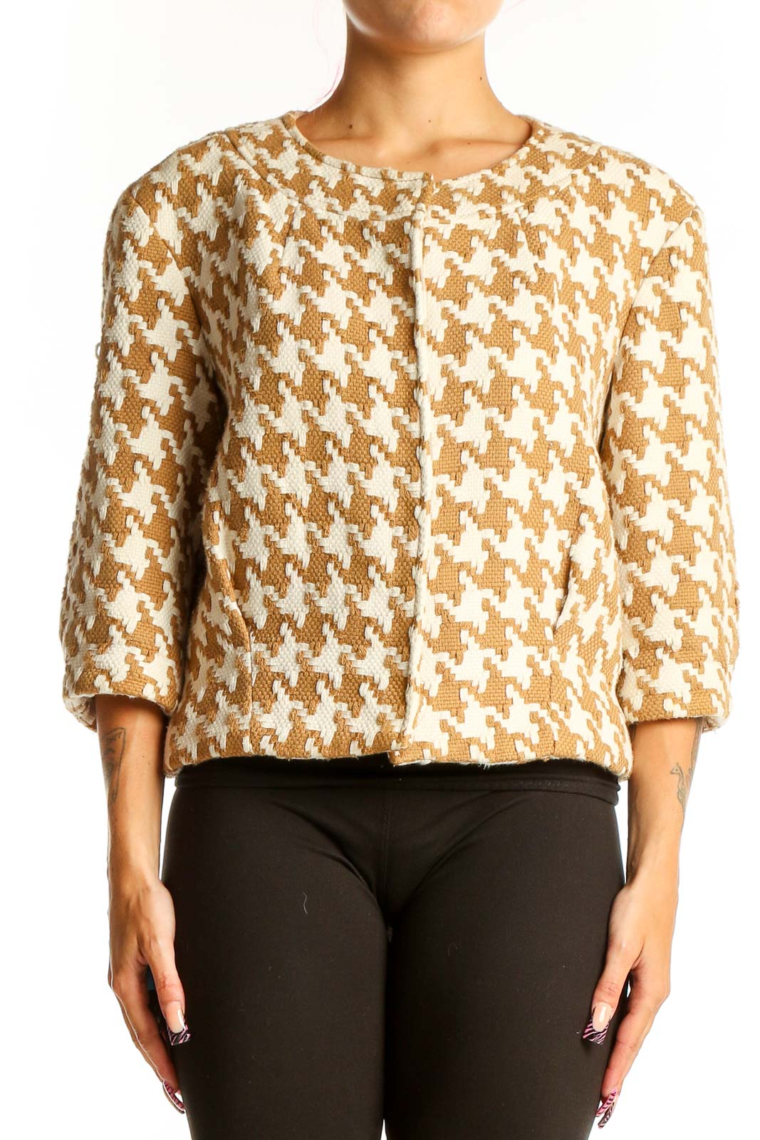 Tan Houndstooth Cropped Jacket Front