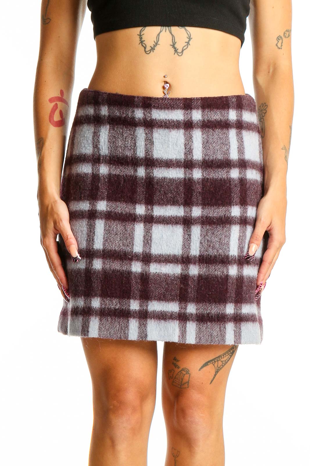Burgundy Plaid Wool Blend Mini Skirt Front