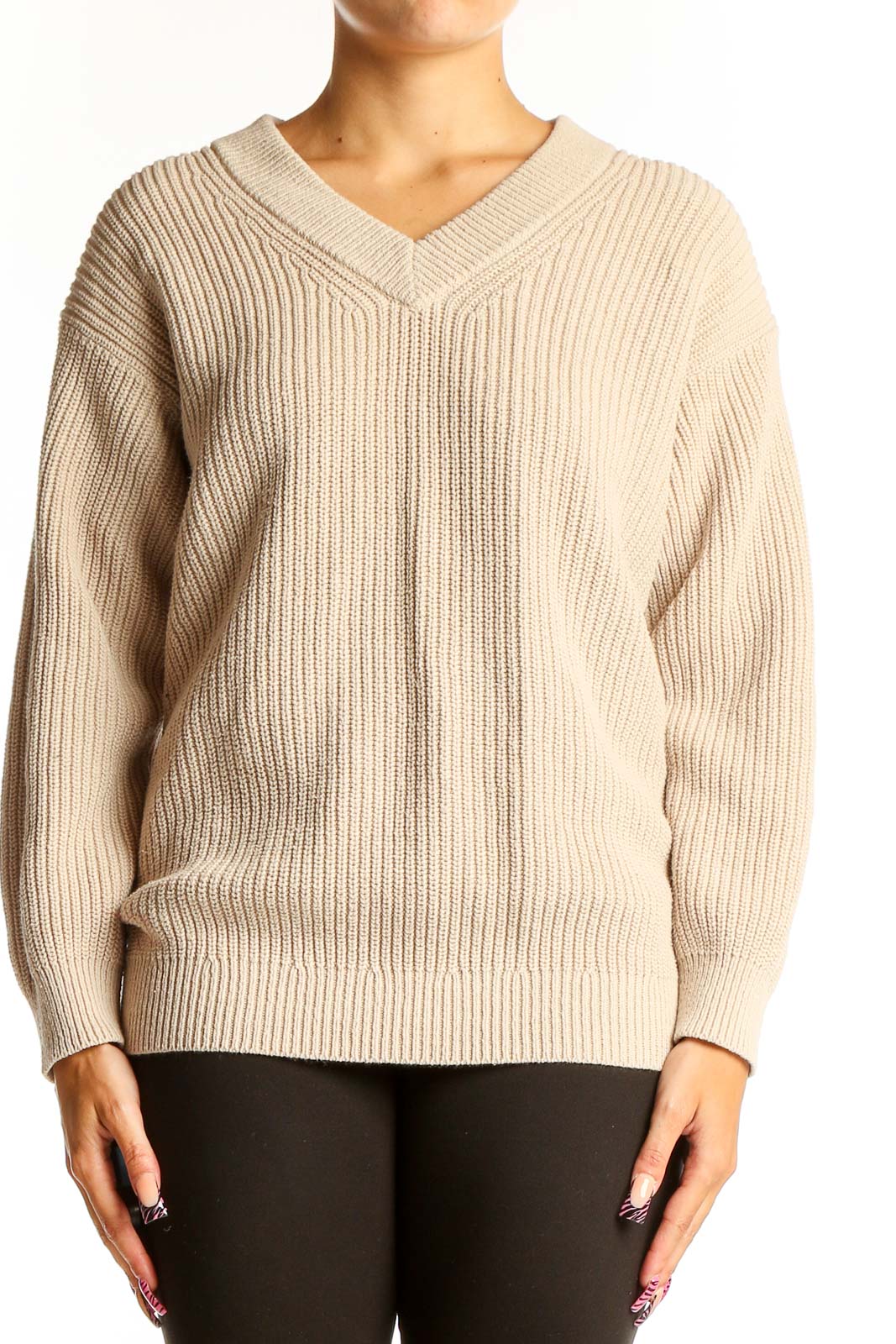 Beige Ribbed V-Neck Sweater Front