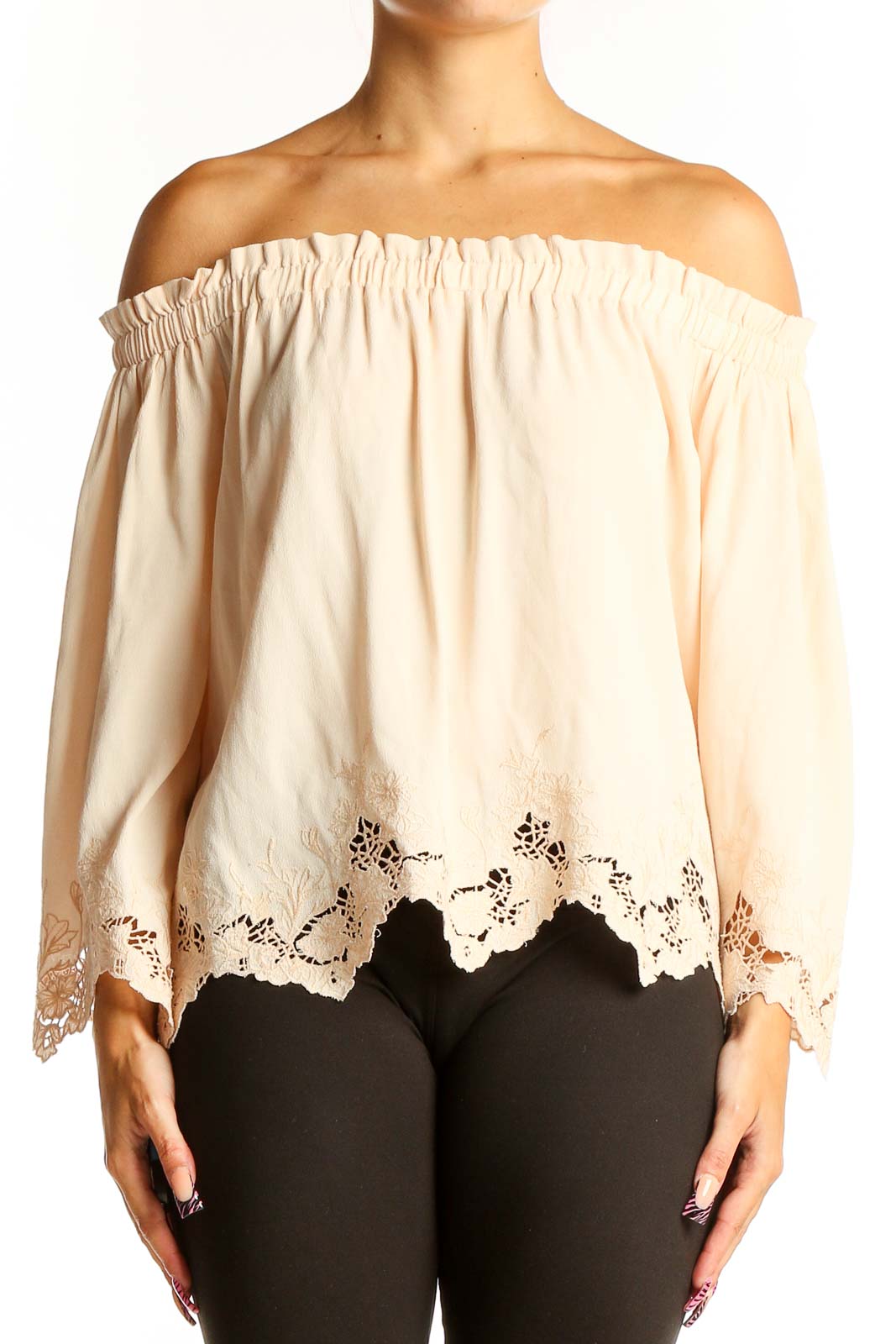 Cream Off-Shoulder Lace-Trimmed Blouse Front