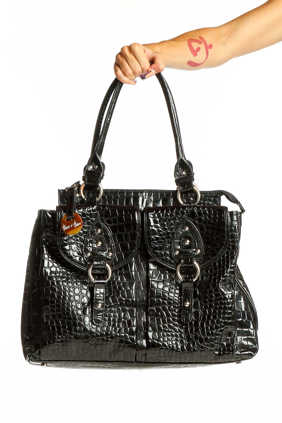 Black Crocodile-Embossed Leather Tote Bag Front