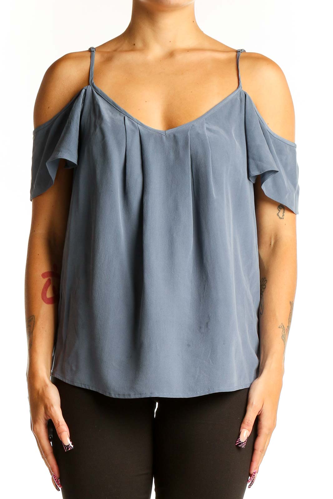 Blue Silk Cold-Shoulder Camisole Top Front